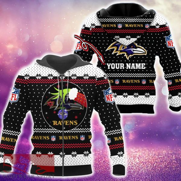 Baltimore Ravens Grinch Funny Design Ugly 3D Zip Hoodie Pullover Print Personalized - Baltimore Ravens Grinch Funny Design Ugly 3D Zip Hoodie Pullover Print Personalized
